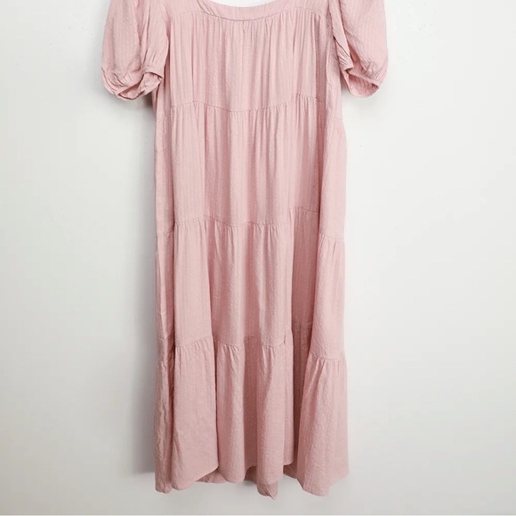New-lulu's Happy Tiers Blush Striped Puff Sleeves Lightweight Midi Dress Size MD - Picture 1 of 11
